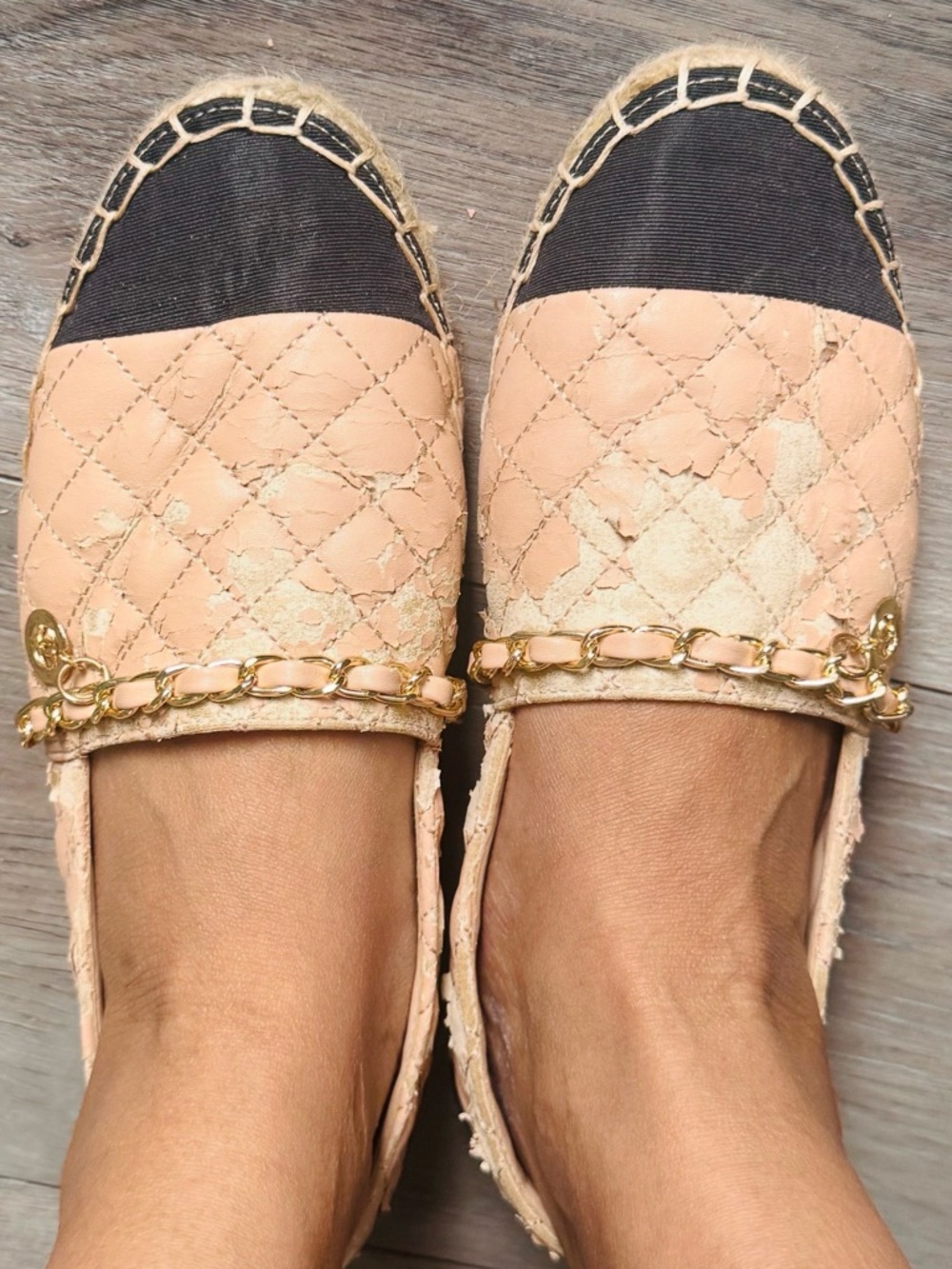 CHANEL Quilted Blush Pink Espadrille Loafers with Gold Chain Charm